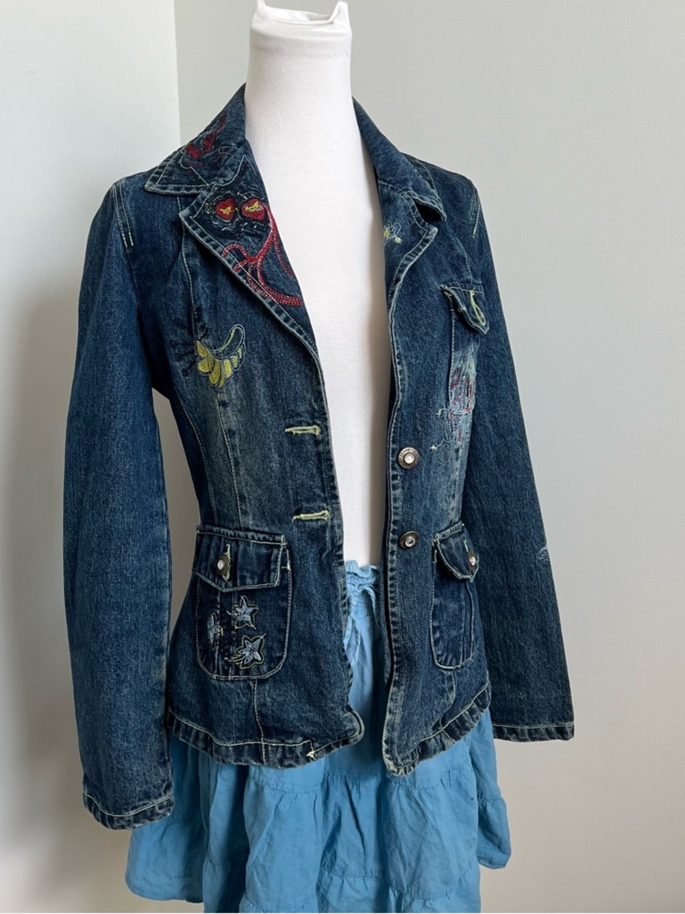 Vintage Embroidered Denim Coat – Boho Fairycore Y2K Jacket S - Picture 2 of 9